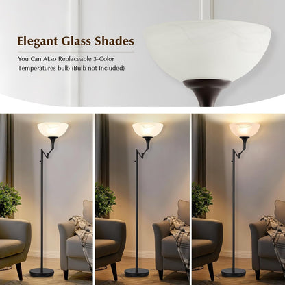 Floor Lamps for Living Room Black, 70" Tall Standing Lamp with Glass Shade, Torchiere Floor Lamp with 350°Adjustable Swing Arm Lamp, Pole lamp for Bedroom, Living Room, Office, Bulbs Included