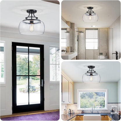 WUZUPS Chandelier Rustic Farmhouse Industrial Round Semi-flushmount Ceiling LED Light Fixture with Clear Glass Shades for Bathroom Kitchen Foyer Entryway, H 11.8" x W 13.4", E26 Base, Black