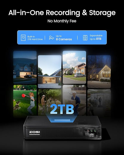 ZOSI 1080P H.265+ Home Security Camera System with AI Human Vehicle Detection, 5MP 3K Lite 8 Channel CCTV DVR Recorder with 2TB Hard Drive and 8 x 1080p Surveillance Bullet Camera Outdoor Indoor