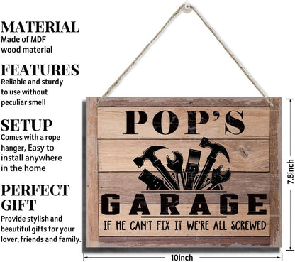 Rustic Sign, Father's Day Gift, Dad's Gift, Grandpa's Gift, Decor Hanging Wood Signs, Printed Wood Wall Art Sign, Pop's Garage, If He Can't Fix It We're All Screwed, Vintage Sign Gift for Grandpa