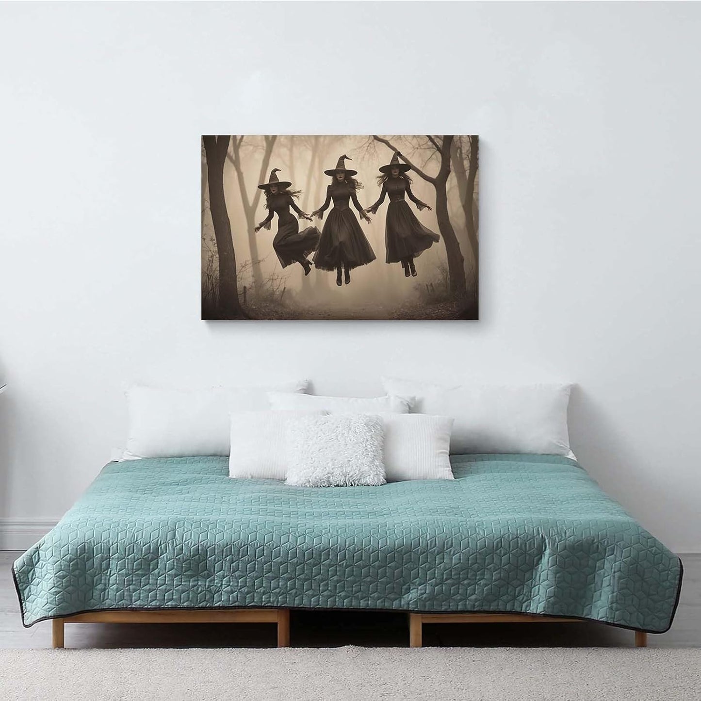 Three ghost witches flying in vintage forest gothic wall art witchcraft decoration holiday gift canvas wall art print16x24in Wood Framed