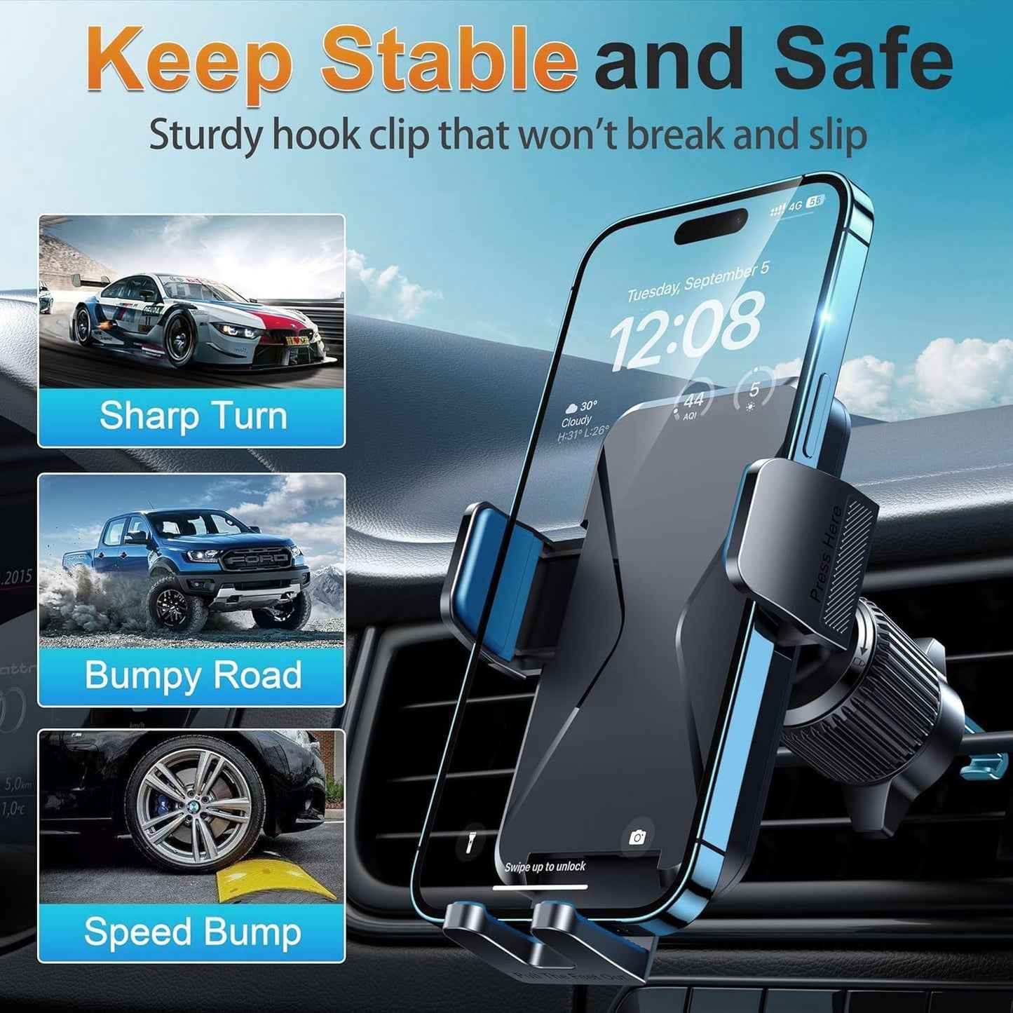 Car Phone Holder Vent [Thick Cases Friendly] Phone Mount for Car Air Vent 360° Rotate Hands Free Cell Phone Holder for Car Automobile Cradle for All iPhone Android Smartphone