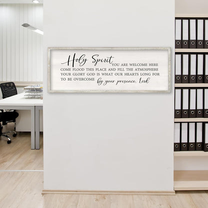 Holy Spirit You are Welcome Here Wall Decor Art 40x15 Inch Large Christian Song Bible Verse Plaque Wood Framed Sign Living Room Scripture Quote Religious For Office Wall Hanging (White)