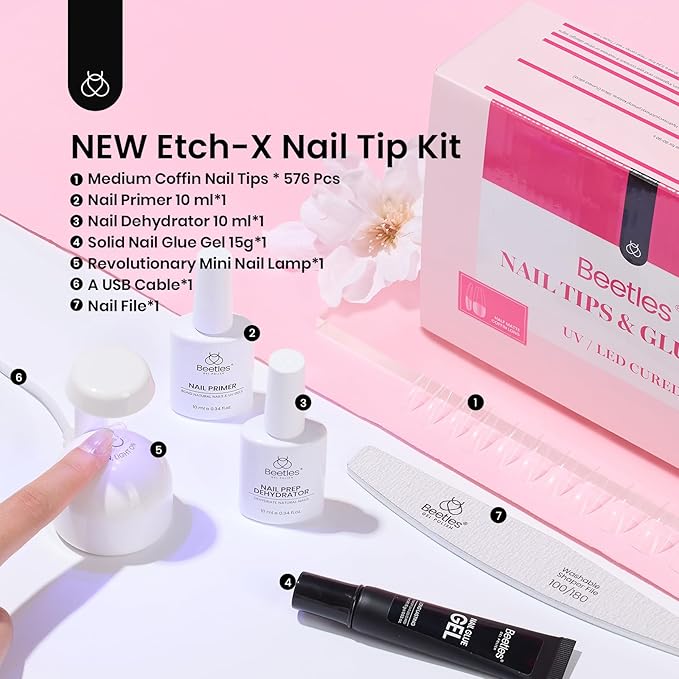 Beetles Gel Nail Kit Medium Coffin with Nail Dehydrator and Primer, 576Pcs Half Matte Etch-X Gel Nail Tips Solid Nail Glue Mini Nail Lamp Acrylic Nail Tips Easy DIY Nail Extension Set Gift for Women