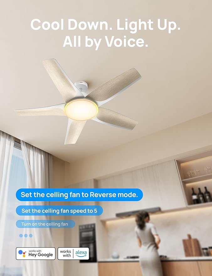 Dreo Smart Ceiling Fans with Lights, Low Profile Ceiling Fan with Alexa/App, 52'' Dimmable Lighting & Color Tuning, RGB Ambient Light for Living Room, Game Room, Easy Installation, Quiet, White