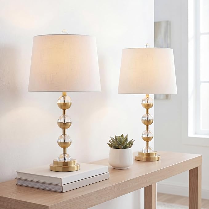 JONATHAN Y 27.5" Clear/Brass Gold Crystal LED Table Lamp Set of 2 for Bedroom, Modern Stacked Sphere Lamps for Living Room, White Linen Drum Shade, LED Bulbs Included JYL2049A-SET2