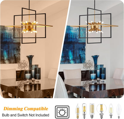31.5'' Large Modern Lantern Chandeliers, 12-Light Black Gold Geometric Pendant Light Fixture, Industrial Hanging Chandelier for Entryway Foyer Hallway Dining Room, Kitchen Island