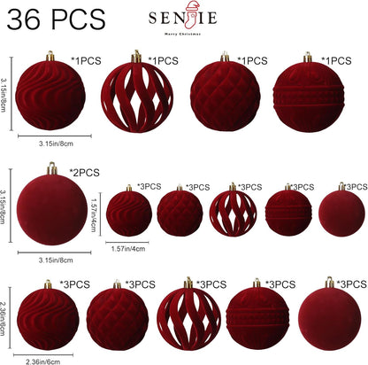 Senjie 36 PCS Velvet Ornaments Balls Sets for Christmas Tree Red Flocked Christmas Balls Assortment for Xmas Tree Holiday Decor
