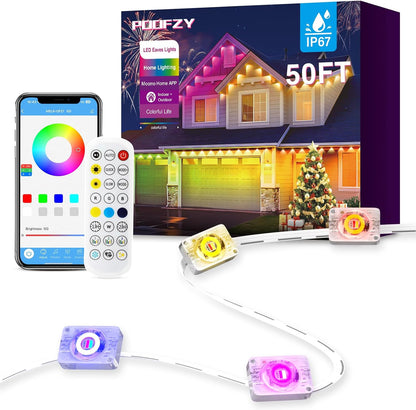 POOFZY Permanent Outdoor Lights for House, 50ft RGB+IC Smart Outdoor Decor, 50 Scene Modes, App/Remote Control, IP68 Waterproof, for Christmas, Holiday, Daily & Pool Party Decor, House Roof Lighting