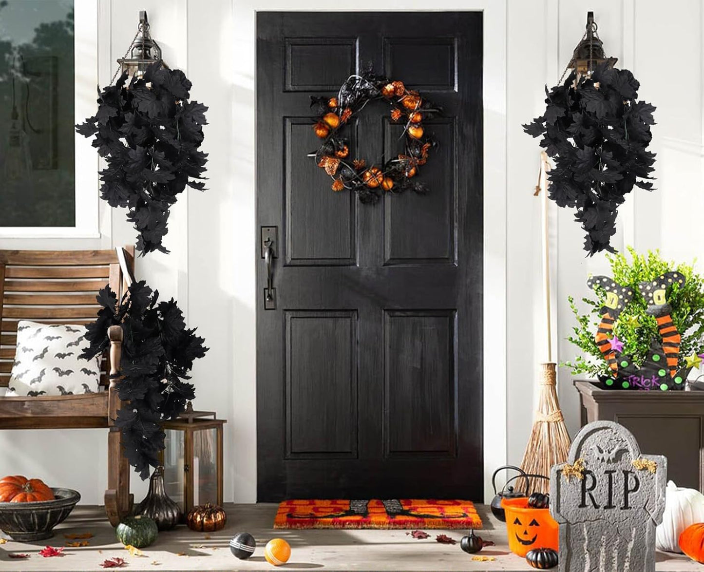 RECUTMS Black Maple Leaf Artificial Hanging Plants Fake Plants Faux Fall Leaves Halloween Faux Plants Autumn Leaves Artificial Wall Hanging Indoor Outdoor Halloween Decoration（Black）