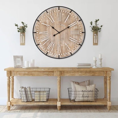 Farmhouse Wall Clock 30 Inch - Rustic Wood Metal Decor, Silent Sweep, Battery Operated for Living Room Kitchen Office, Brown
