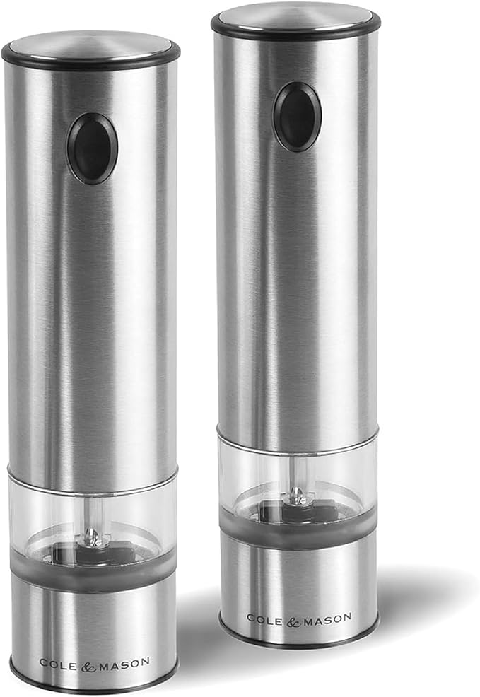 Cole & Mason Battersea Electronic Salt & Pepper Mill Gift Set - One-Button Electric Spice Grinder with Large Grinding Chamber - Adjustable Grind Knob - Electric Kitchen Tool - Stainless Steel