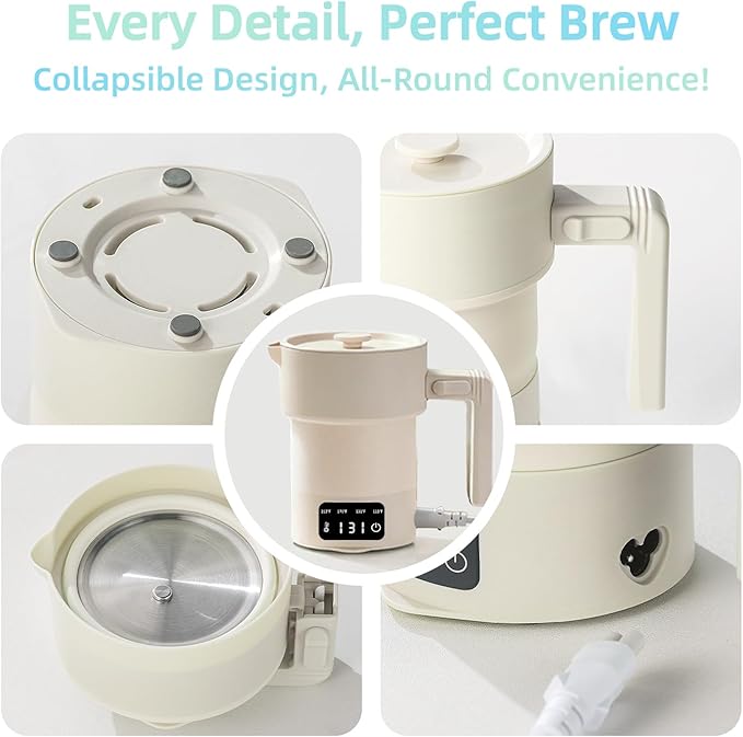 Portable Electric Kettle-600ML Collapsible Electric Kettle，600W Travel Water Boiler with 4-Temp Presets, Food Grade Silicone for Camping,Hotel, Office