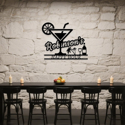 Happy Hour Metal Bar Sign - Personalized Wine Wall Art, Rustic Home Bar Decor, Custom Cocktail & Wine Themed Metal Signs for Indoor/Outdoor - MADE IN USA