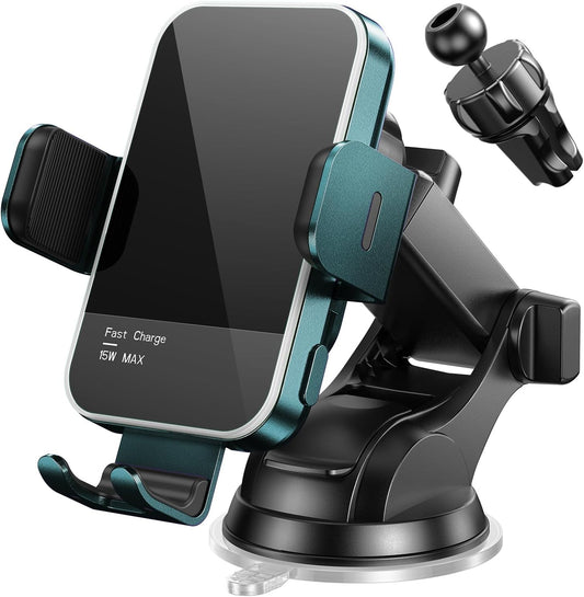 Wireless Car Charger,【7 Colored LED Backlit】 15W Auto Clamping Phone Mount Holder fit for iPhone 15 14 13 12 Mini Pro Max 11 XR XS X, Samsung Galaxy S23 Ultra S22 S21+ S10+ Note 20, etc - Green