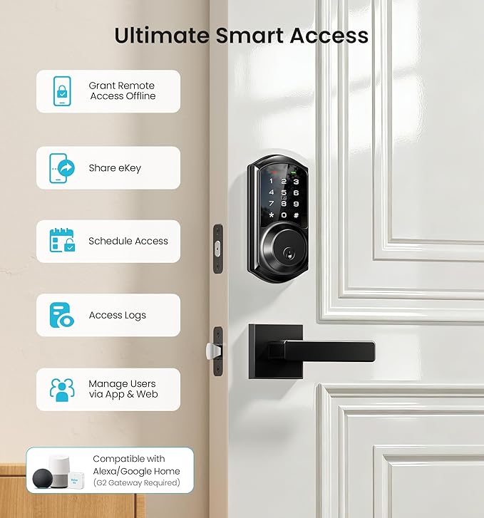 Veise VE06-L Smart Locks with 2 Lever Handle Set, App Control, Keyless Entry Deadbolt for Front Door, Electronic Digital Touchscreen Keypad, Auto Lock, Waterproof, Easy Installation, Matte Black