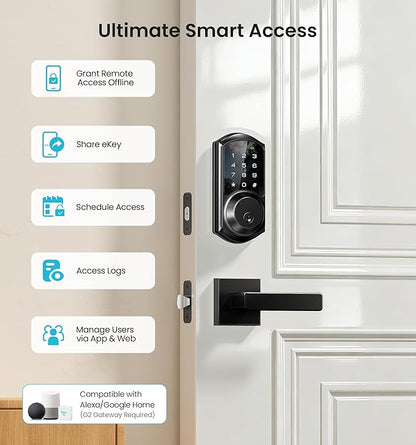 Veise VE06-L Smart Locks with 2 Lever Handle Set, App Control, Keyless Entry Deadbolt for Front Door, Electronic Digital Touchscreen Keypad, Auto Lock, Waterproof, Easy Installation, Matte Black
