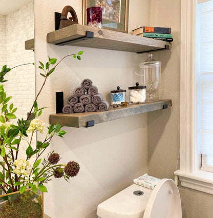 Rustic Shelves with J-Brackets Set of 2, Industrial Shelf, Kitchen Shelves, Solid Wood, Decorative Wall Storage, Heavy Duty, URBANDI (Grey, 24Wx12D)