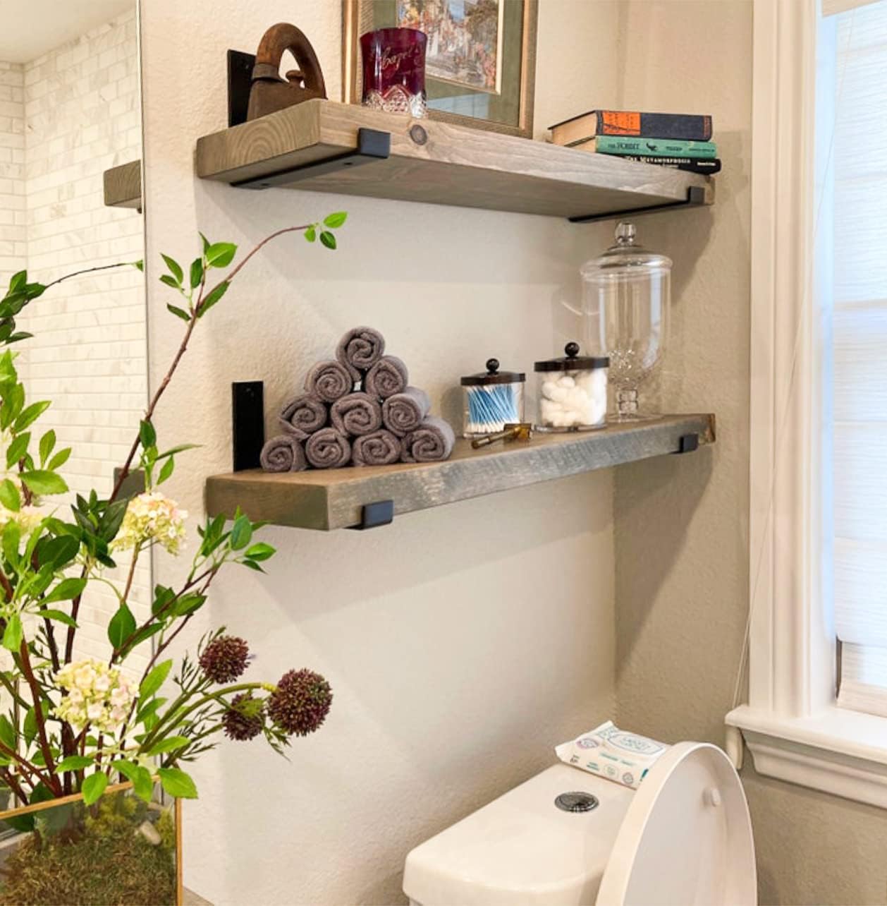 Rustic Shelves with J-Brackets Set of 2, Industrial Shelf, Kitchen Shelves, Solid Wood, Decorative Wall Storage, Heavy Duty, URBANDI (Grey, 36Wx8D)
