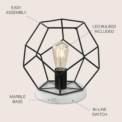 JONATHAN Y 10" Black/White Geometric Table Lamp, Midcentury Modern Metal Desk Lamp for Living Room Bedroom, White Marble Base, Glam Bedside Nightstand Light with LED Bulb (JYL1047C)
