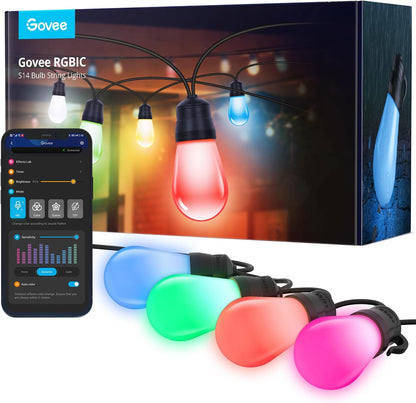 Govee Smart Outdoor String Lights H7016, 96ft RGBIC Outdoor Lights with 30 Dimmable LED Bulbs, IP65 Waterproof, Color Changing Warm White Lights with 47 Scene Modes for Patio, Backyard, App Control
