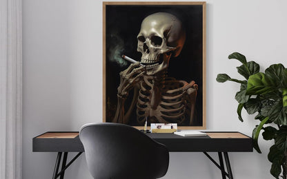 Skull Smoking Ciggarettes Poster Art Print, Halloween Scary Vintage Wall Art Academia Spooky Painting Decoration for Horror Prints, Gothic Posters Bedroom Decor 89 (Skull Smoking Ciggarettes, 11 x 14 inches, Wood Frame)