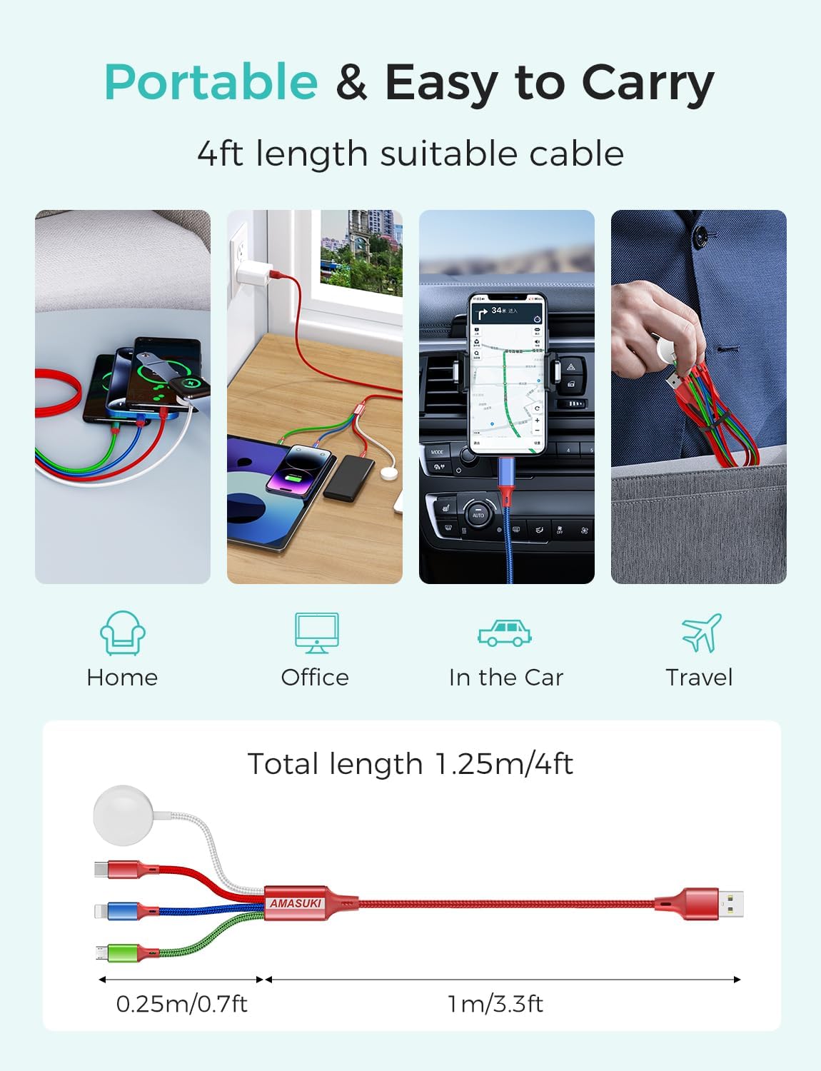 Travel Essentials Multi Charging Cable for Watch Charger 4 in 1 Fast Charger Camping Essentials USB C/L/Micro Compatible with Watch Series 10-1/SE/Ultra Phone 16 15/Galaxy Android-4FT/Red