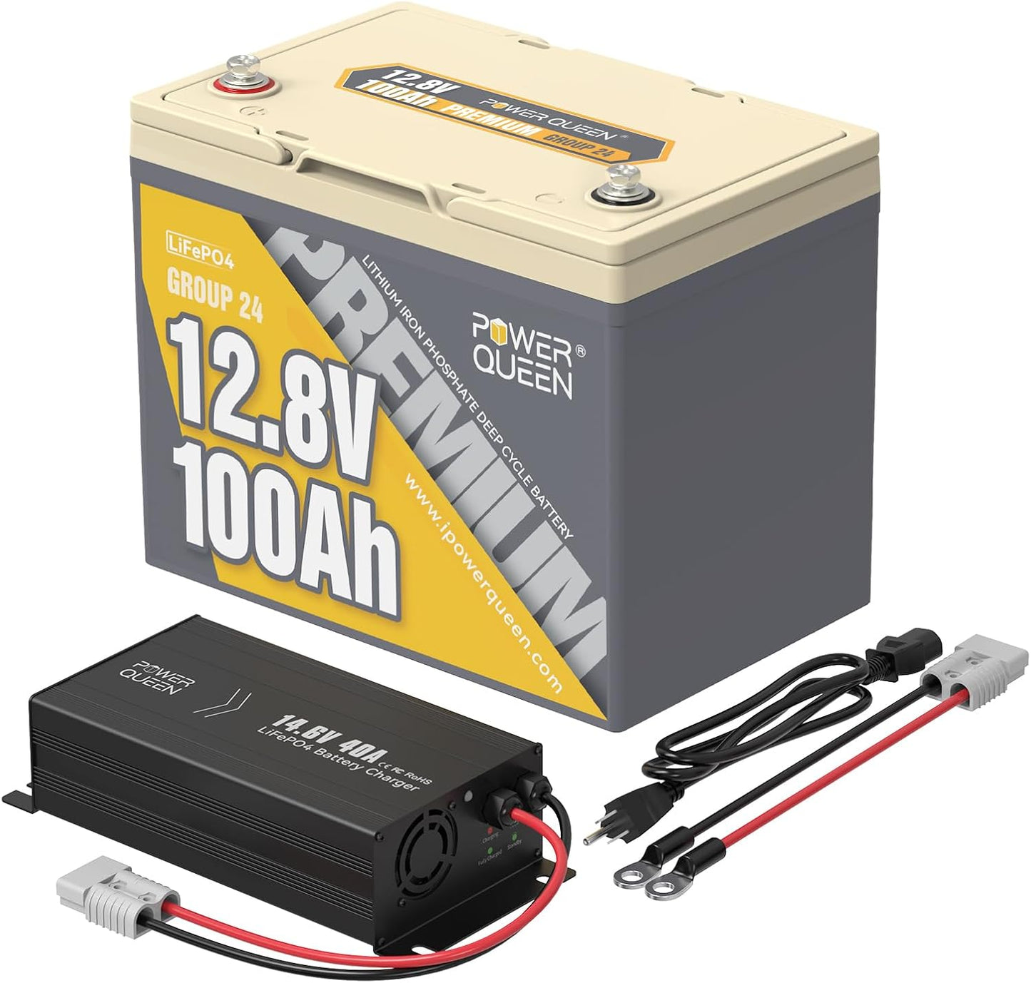 Power Queen 12V 100Ah Group 24 LiFePO4 Lithium Battery with 12V 40A LiFePO4 Battery Charger, Deep Cycle Battery 100A BMS, Max 1280Wh Energy, Up to 15000 Cycles for RV, Solar, Trolling Motor & Camping
