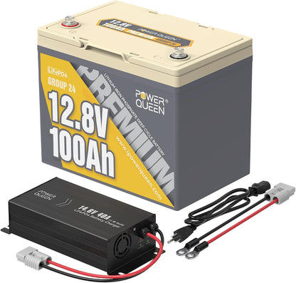 Power Queen 12V 100Ah Group 24 LiFePO4 Lithium Battery with 12V 40A LiFePO4 Battery Charger, Deep Cycle Battery 100A BMS, Max 1280Wh Energy, Up to 15000 Cycles for RV, Solar, Trolling Motor & Camping