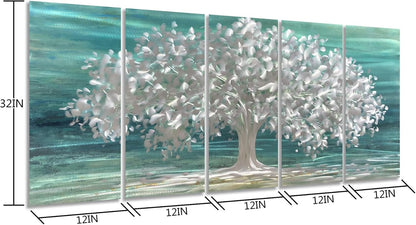 Yihui Arts Tree Of Life Metal Wall Art Handcrafted Aluminum Artwork Teal and Silver Abstract Nature Pictures in 5 Pieces for Living Room Bedroom Bathroom Decor