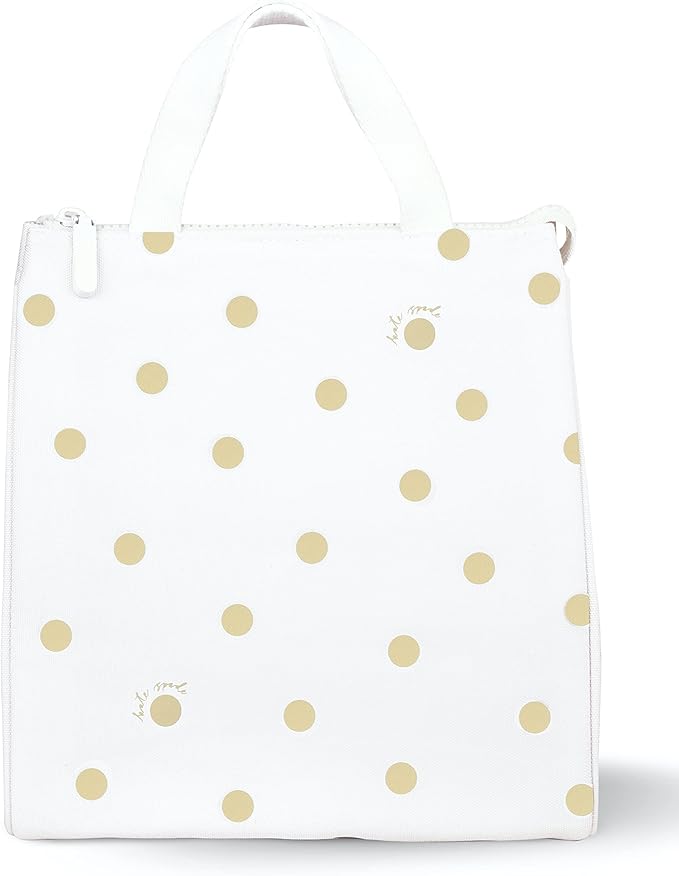 kate spade new york Portable Soft Cooler Lunch Bag, Thermal Tote with Insulated Interior Lining and Storage Pocket, Lunch Tote for Women, Gold Dot with Script
