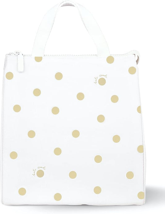 kate spade new york Portable Soft Cooler Lunch Bag, Thermal Tote with Insulated Interior Lining and Storage Pocket, Lunch Tote for Women, Gold Dot with Script