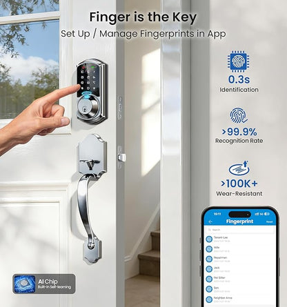 Veise VE07-H Fingerprint Smart Locks for Front Door with Handle Set, App Control, Keyless Entry Keypad Deadbolt, Digital Electronic Touchscreen, Easy Install, Auto Lock, Satin Nickel