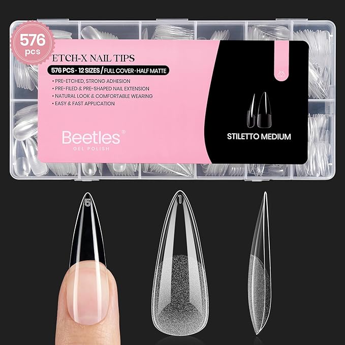 Beetles Gel Nail Tips Etch-X, Stiletto Medium, 576Pcs 12 Sizes, Pre-Etched Half Matte Full Cover Soft Acrylic False Nail Tips Easy DIY Press On Nail Extensions Salon Gift for Women