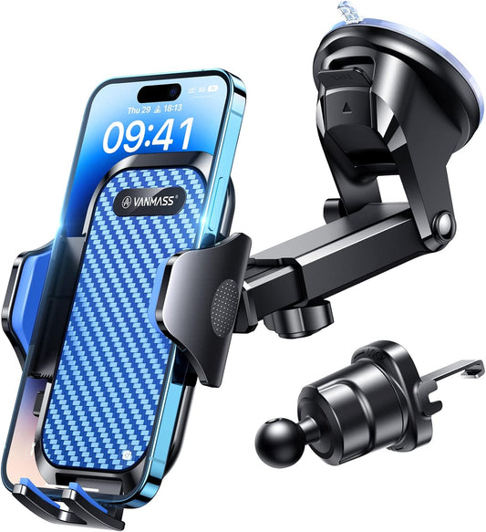 VANMASS [Longest Lasting] True Military-Grade Car Phone Holder Strongest Suction & Clip Cell Mount Dashboard Windshield Vent Automobile Cradle Truck Accessories for iPhone 16 15 Pro Max 14 13 Android