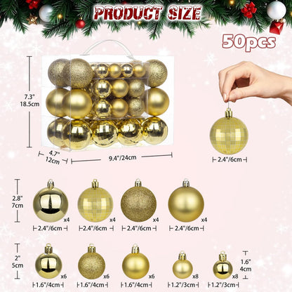50pcs Gold Christmas Ball Ornaments Large Shatterproof Christmas Tree Decorations Xmas Tree Ornaments Balls with Hanging Loop for Xmas Wedding Holiday Party Wreath Home Decor