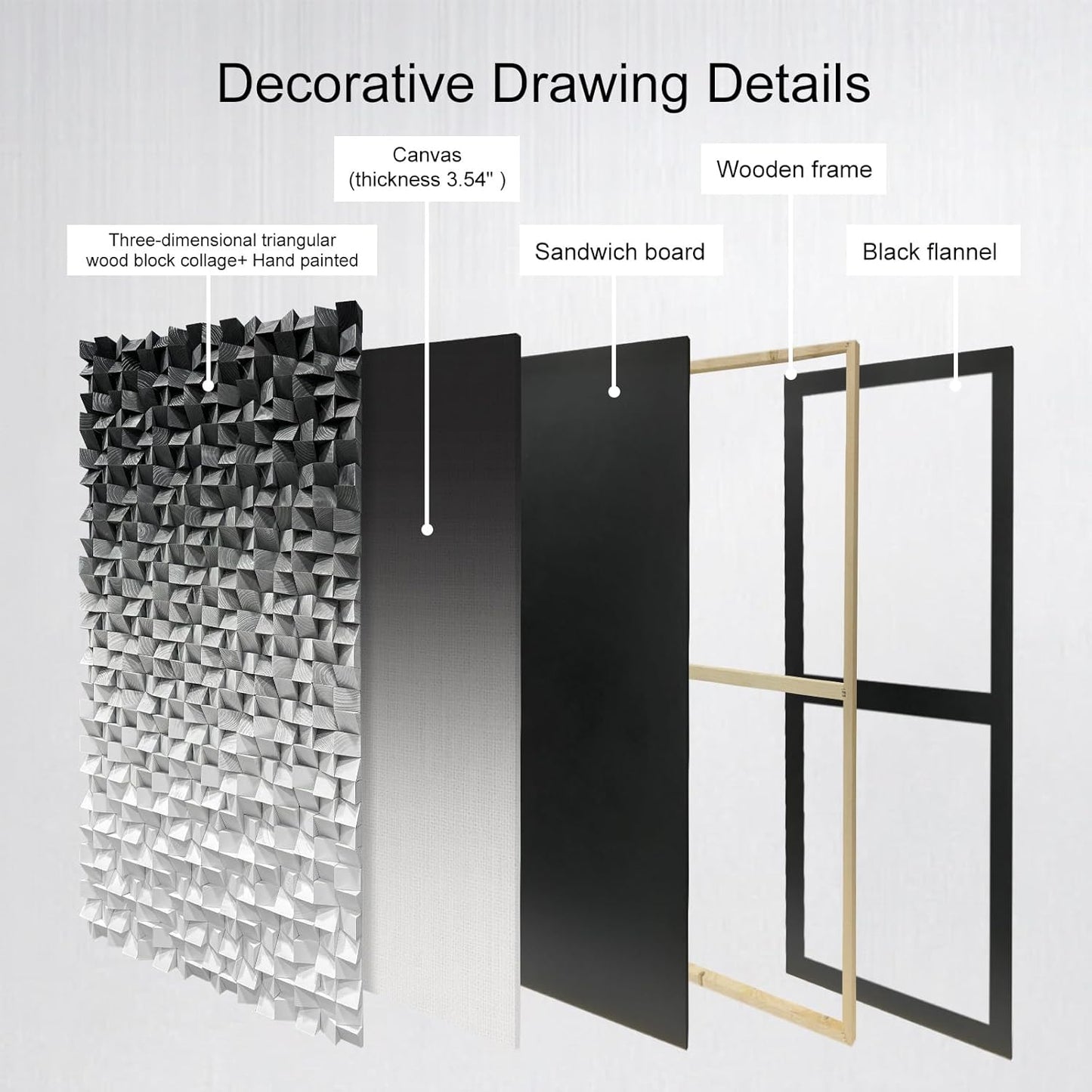 LIUZEYUE - Wooden Block Stereoscopic Painting Geometric Modeling Wall Decoration 3D Wooden Artwork Living Room Bedroom Background Wall Office Decoration Black and White Gradient 39.4 x 78.7 inches