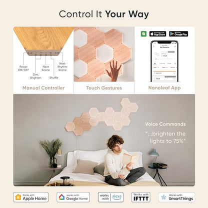 Nanoleaf Elements Wood Look Smart Wall Lights, Hexagon LED Wall Lights work with Alexa Google Assistant, Home Wall Decor for Living Room with Music Sync, Touch Control, Ambient White 1500-4000K, 13 PK