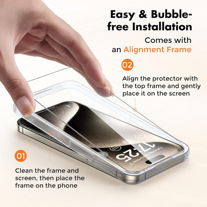 UNBREAKcable Screen Protector for iPhone 15 Pro,Shatterproof Tempered Glass [Easy Installation Frame] [Lasting Protection] [Smooth Touch] [9H Hardness] [Case Friendly] for Apple 6.1”-2 Pack