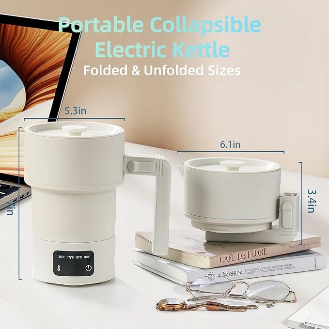 Portable Electric Kettle-600ML Collapsible Electric Kettle，600W Travel Water Boiler with 4-Temp Presets, Food Grade Silicone for Camping,Hotel, Office