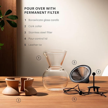 Bodum 34oz Pour Over Coffee Maker, High-Heat Borosilicate Glass with Reusable Stainless Steel Filter and Cork Grip - Made in Portugal