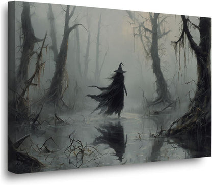 Vintage rustic swamp witch poster dark moody wall art gothic horror season halloween print for home decor retro dark moody painting8x12in Wood Framed