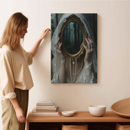 Mirror face covering dark art poster print melancholy gothic painting vintage feminine print victorian style decoration antique art12x16in Wood Framed