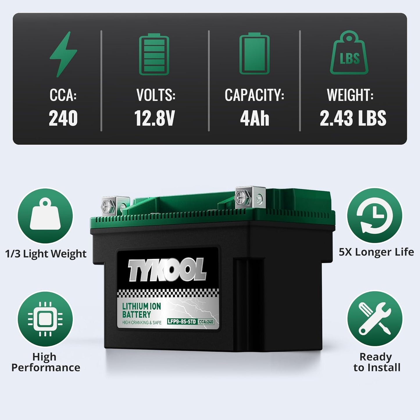 TYKOOL YTX9-BS -STD 240CCA Lithium LiFePO4 Motorcycle Battery,2X Cranking Amps,5X longer life,Powersports battery,for Scooter,ATV,UTV (Polaris 150cc),BMW (310cc,650cc,1000cc),Honda,Kawasaki