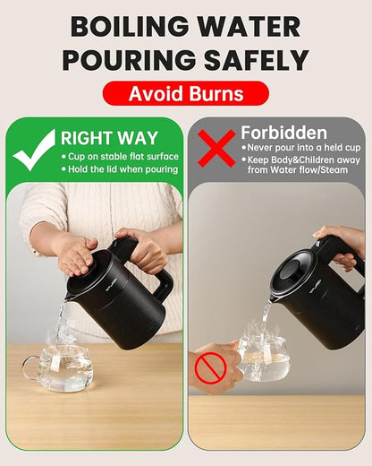 0.6L Small Electric Tea Kettle Lightweight, 20 Ounce Double Wall Hot Water Boiler Stainless Steel Auto Shut-off, 120V Portable Travel Electric Kettle Fast Boil for Tea and Coffee, Black