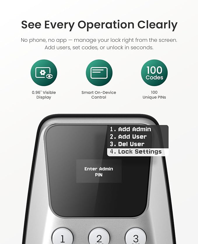DESLOC C100 Keyless Entry Door Lock with Keypad, Smart Deadbolt Lock for Front Door with 2 Keys, Auto Lock, Easy Installation, 100 PIN Codes, IP54 Waterproof, BHMA Grade 3, Silver