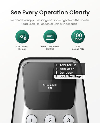 DESLOC C100 Keyless Entry Door Lock with Keypad, Smart Deadbolt Lock for Front Door with 2 Keys, Auto Lock, Easy Installation, 100 PIN Codes, IP54 Waterproof, BHMA Grade 3, Silver