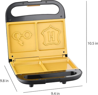 Warner Brothers Harry Potter Dual Sandwich Maker by Select Brands - Ceramic Coated Cooking Plates - Imprints Hogwarts Crest and Harry Potter Glasses on Toasted Sandwiches, Black and Gold, WBH-100SM