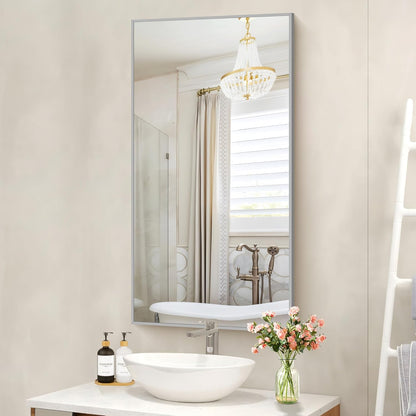 48x24In Silver Bathroom Mirror for Wall, Brushed Nickel Rectangle Mirrors with Metal Frame, Bathroom Rectangular Mirror Modern Wall Mirror for Bedroom Living Room, Hangs Horizontal or Vertical