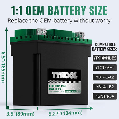 TYKOOL YTX14AHL-BS-STD LiFePO4 Lithium Motorcycle Battery,12.8V 7Ah,420CCA,Digital Readout,Powersports Battery, Fits for Motorcycle,ATV,Snowmobile,PWC. 2X Cranking Amps,5X Longer Life.Fast Charging